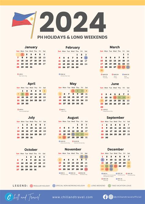 2024 Calendar with Philippine Holidays and Long Weekends.